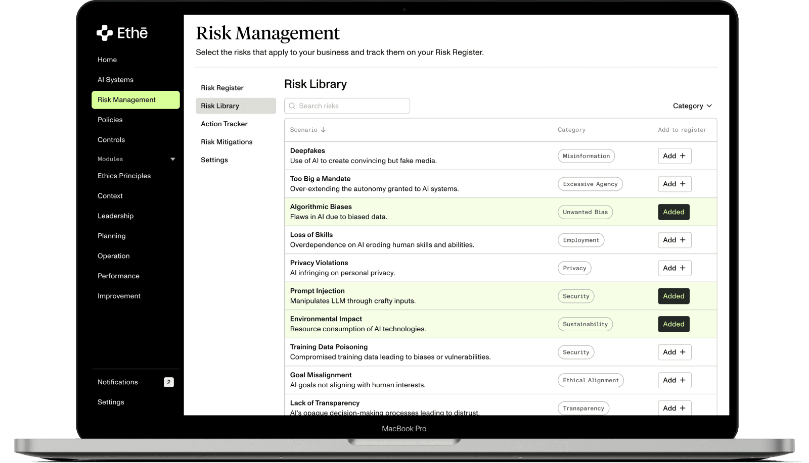 Risk management screen